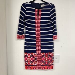 Eliza J Navy Blue Striped Floral Print 3/4 Sleeve Shift Mini Dress Womens 6 Red